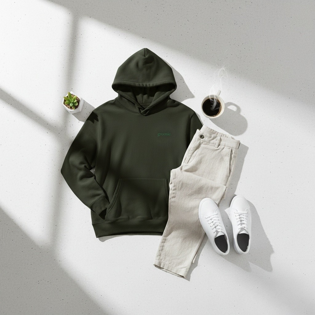 greenie forest hoodie flatlay