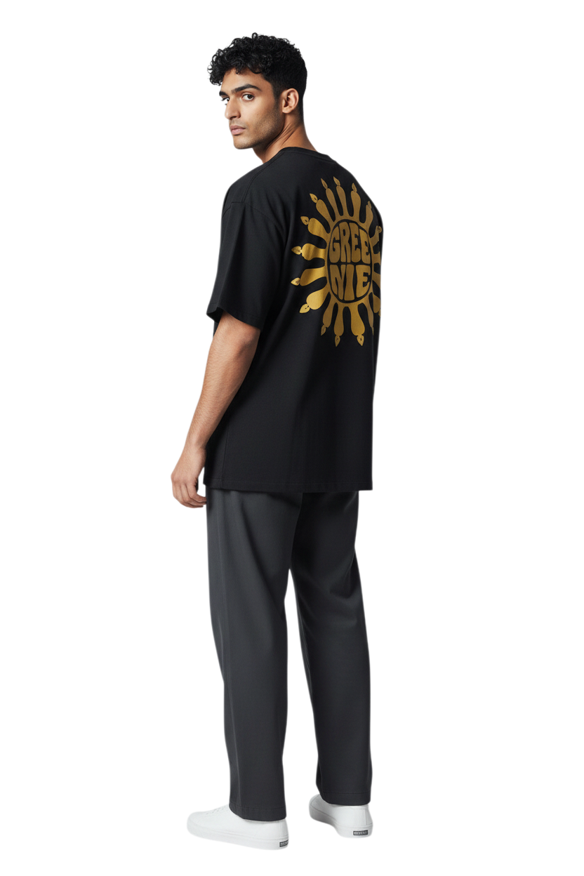 model wearing the greenie classic tee with sunburst back print
